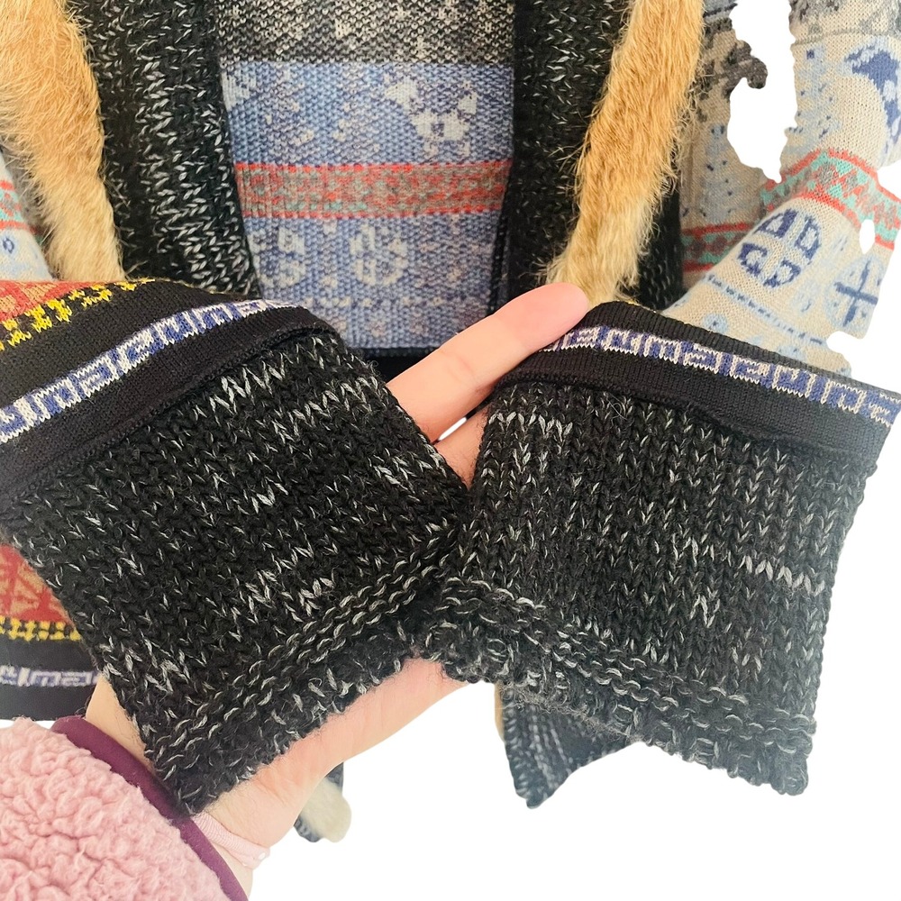 Aldo Martins Fair Isle‎ Geometric Real Fur Trim Open Cardigan Sweater Size 4 XS - Picture 2 of 9